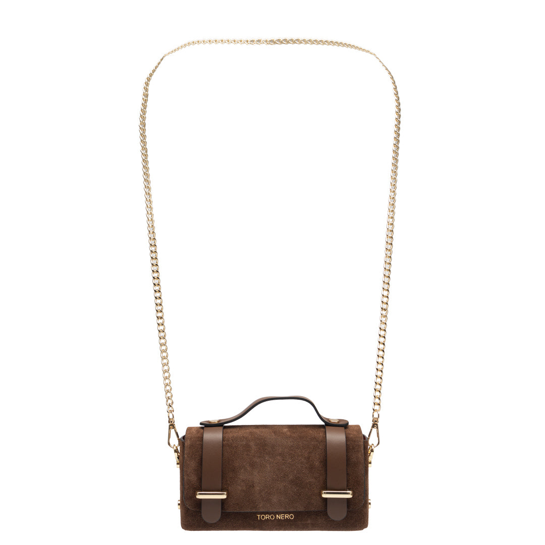 Sac à main en cuir véritable marron cognac-suède Natalia