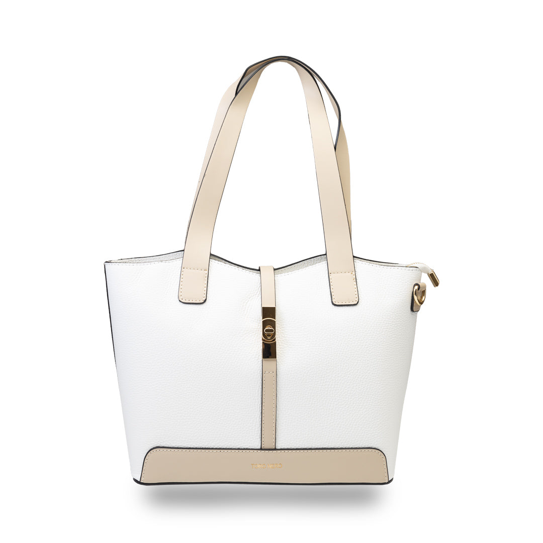 Borsa da donna in vera pelle beige-bianca Sorina