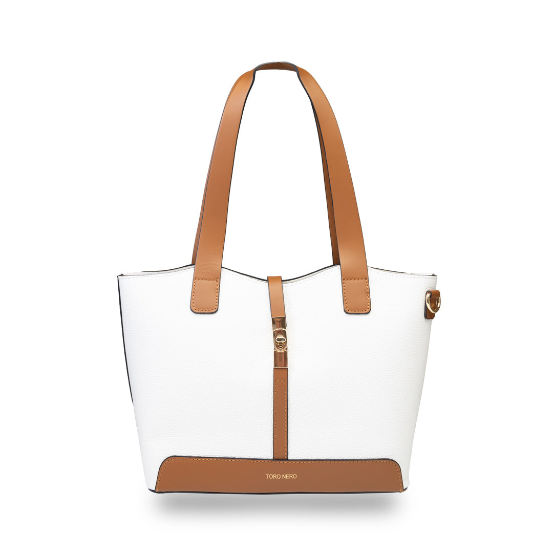 Borsa da donna in vera pelle marrone-bianco Sorina