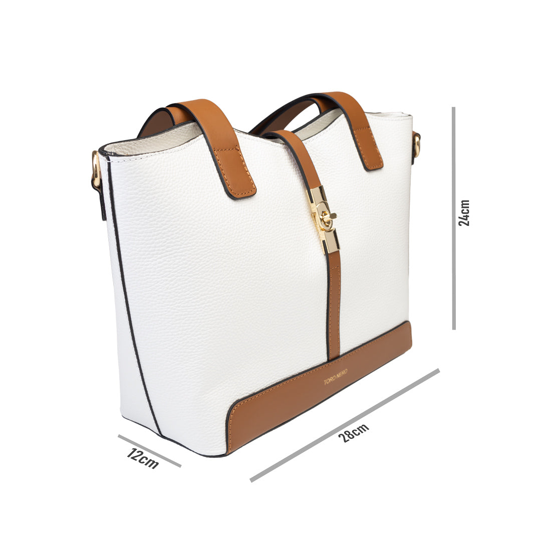 Borsa da donna in vera pelle marrone-bianco Sorina