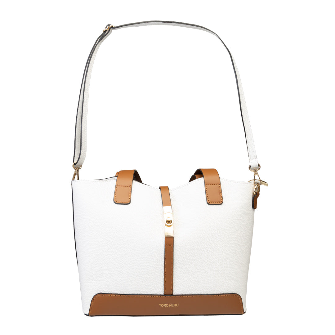 Borsa da donna in vera pelle marrone-bianco Sorina