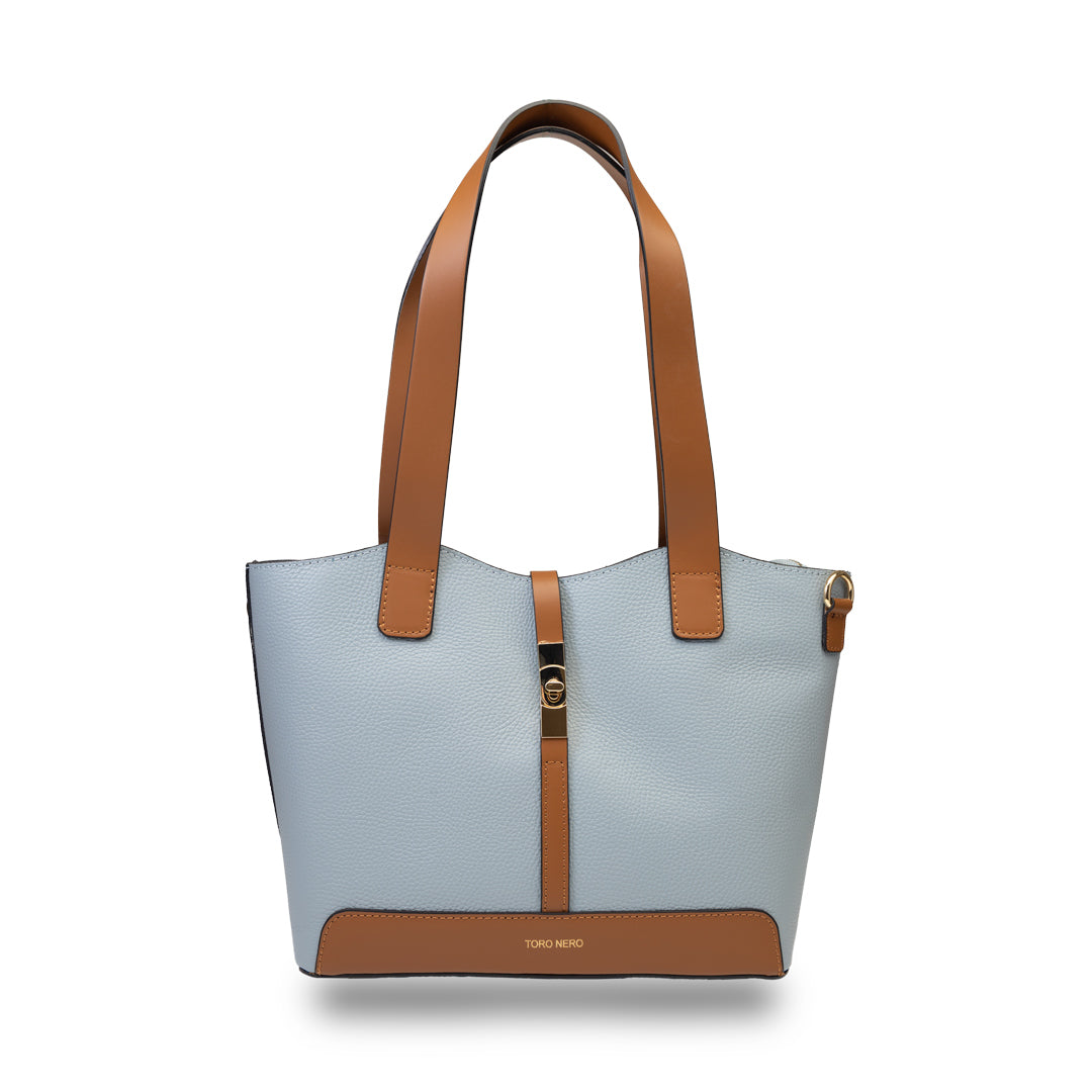 Borsa da donna in vera pelle marrone-azzurro Sorina