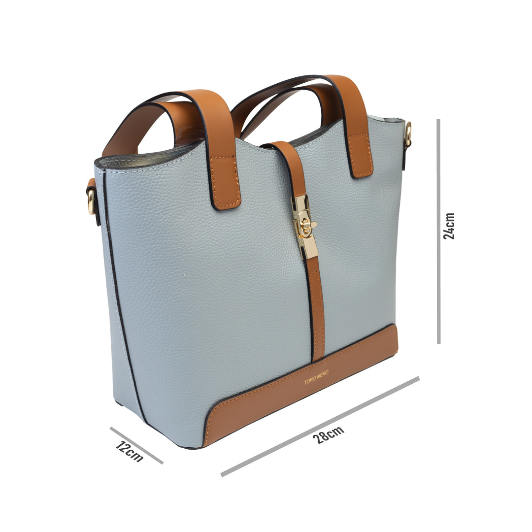 Borsa da donna in vera pelle marrone-azzurro Sorina