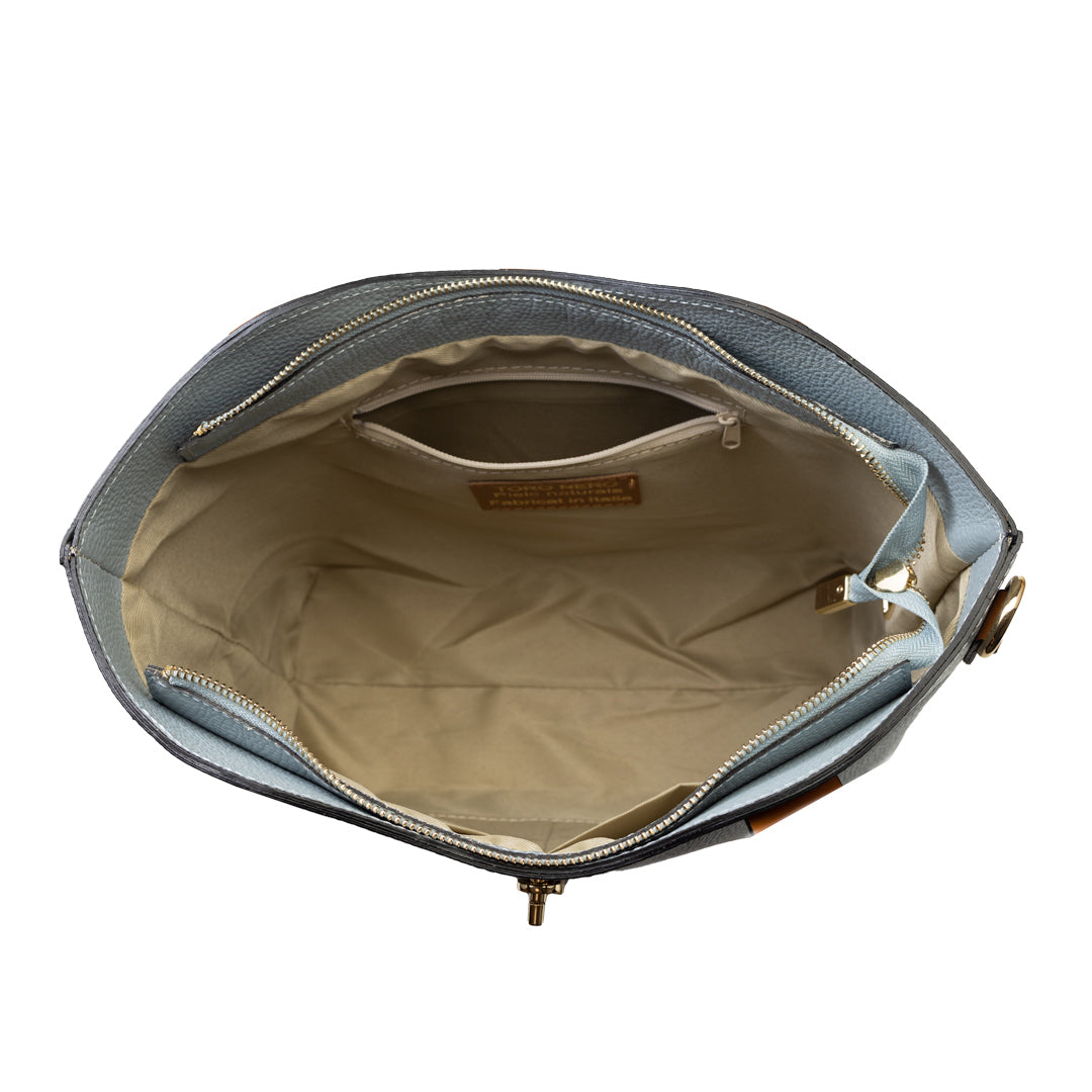 Borsa da donna in vera pelle marrone-azzurro Sorina