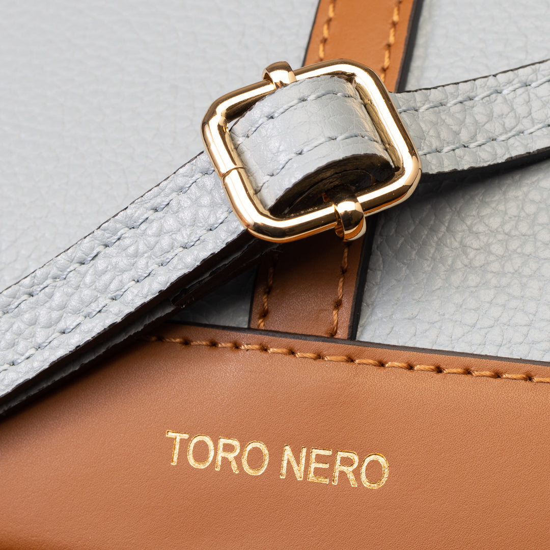 Borsa da donna in vera pelle marrone-azzurro Sorina