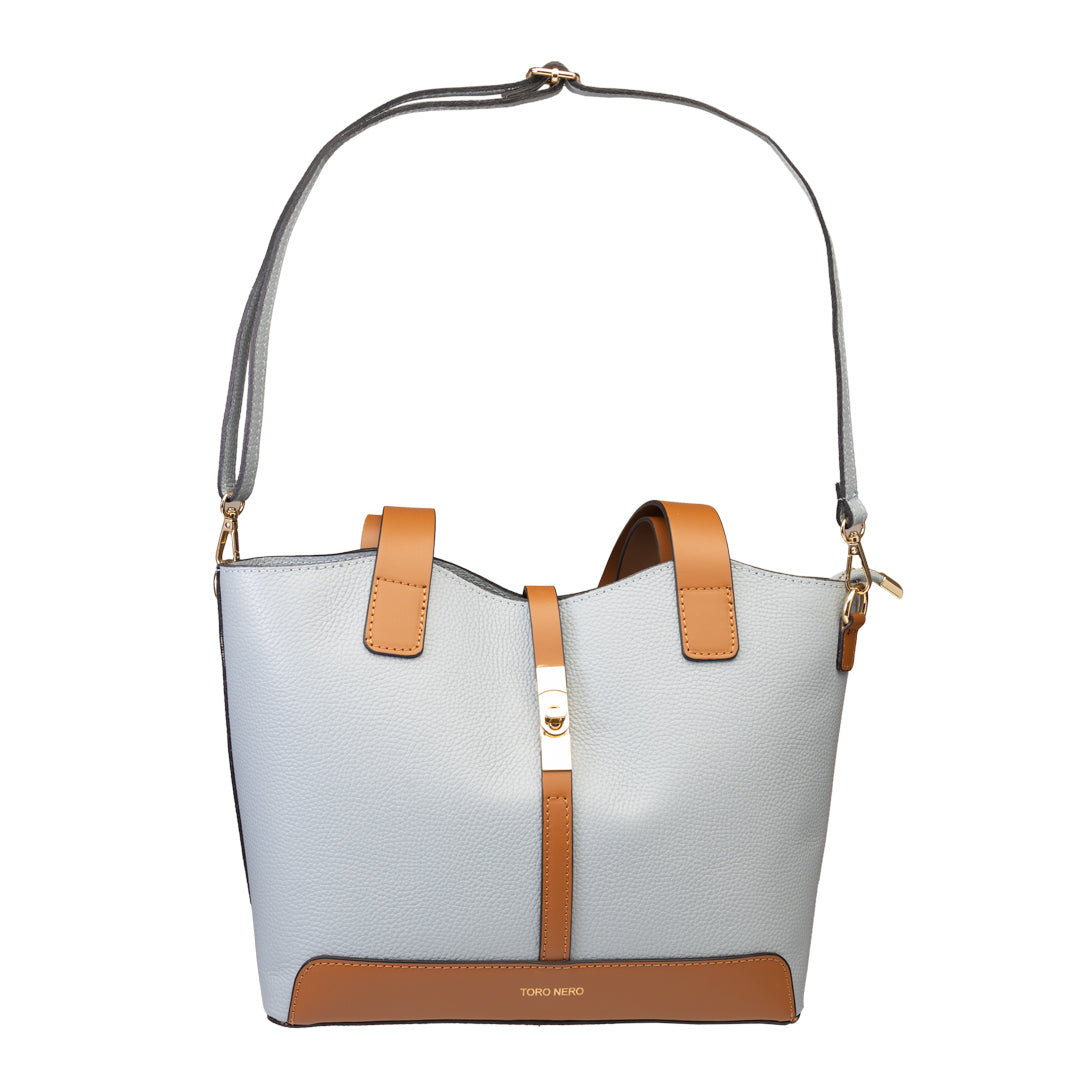 Borsa da donna in vera pelle marrone-azzurro Sorina