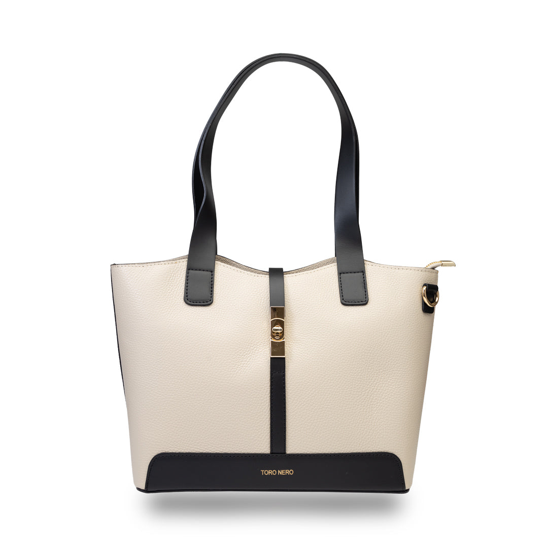 Borsa da donna in vera pelle nero-beige Sorina