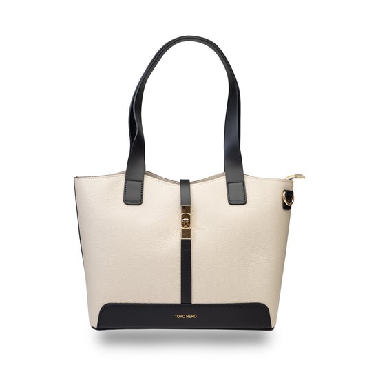 Borsa da donna in vera pelle nero-beige Sorina