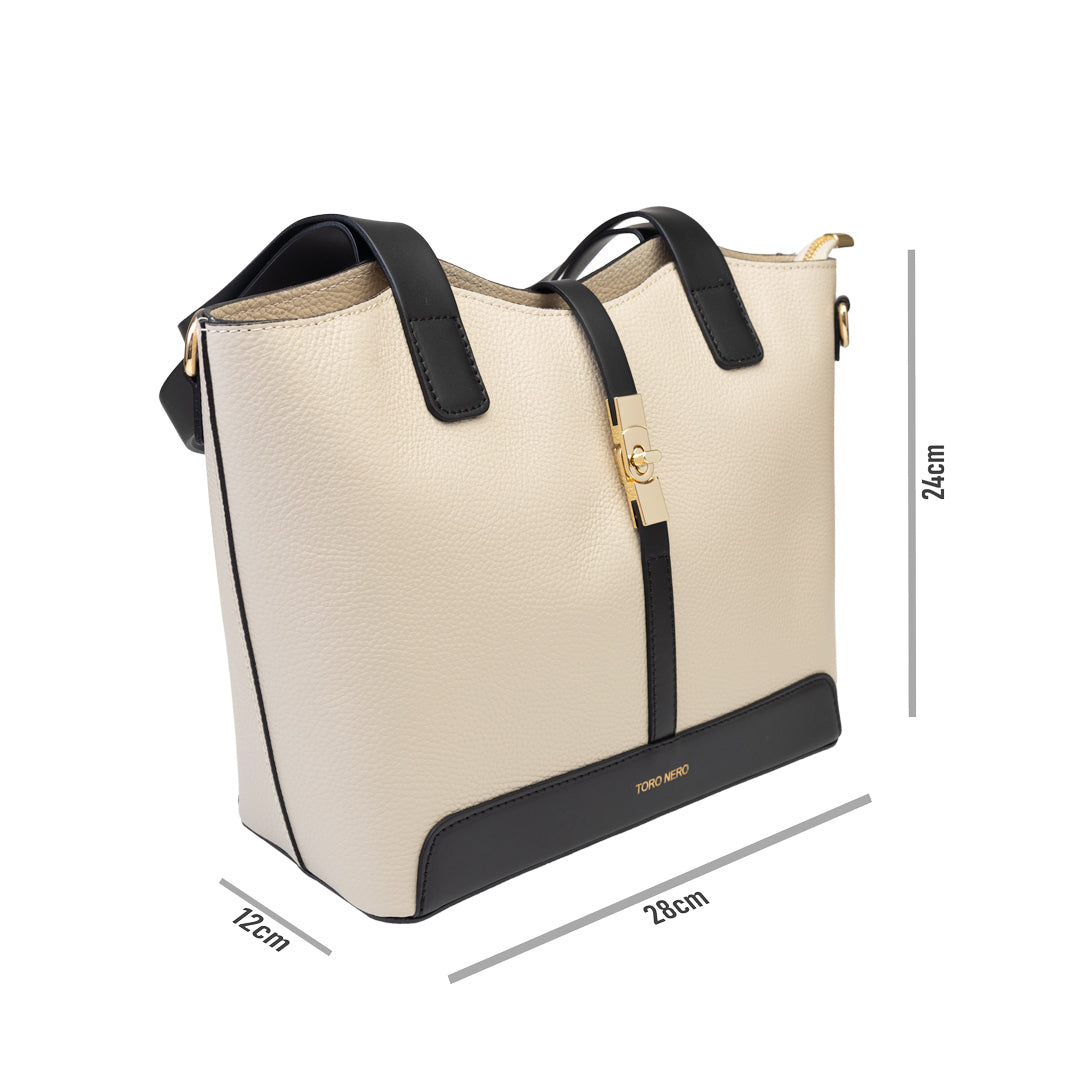 Borsa da donna in vera pelle nero-beige Sorina