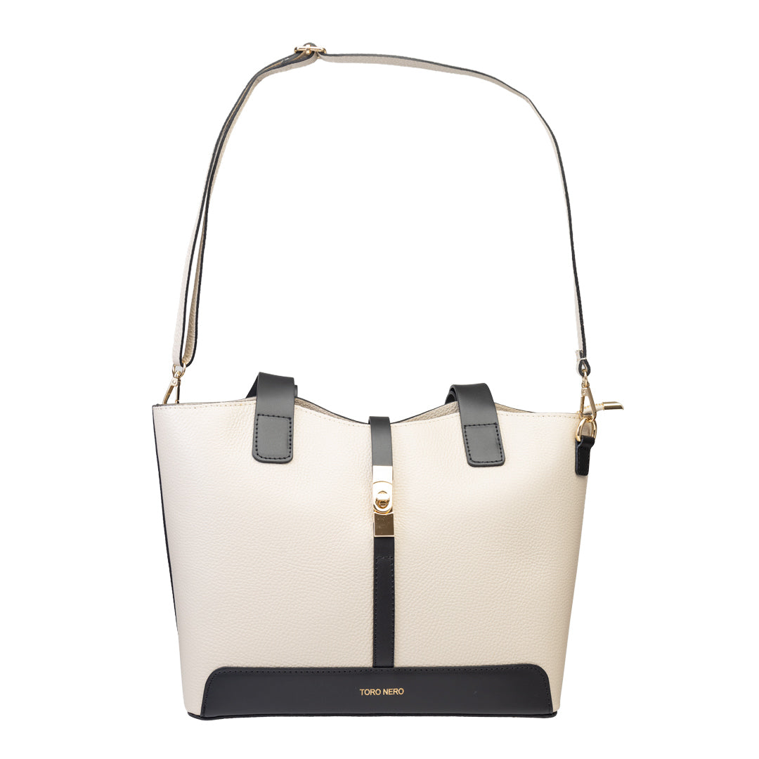 Damenhandtasche aus echtem Leder schwarz-beige Sorina