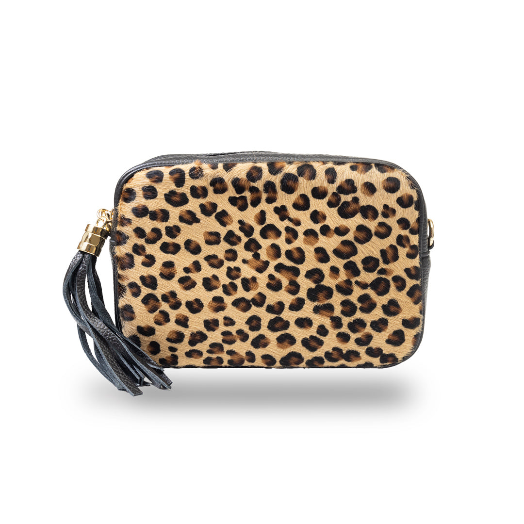 Borsa da donna in vera pelle nera leopardata Adela