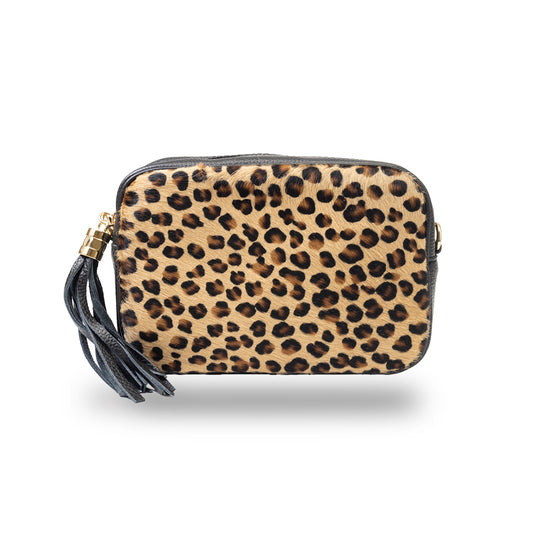 Borsa da donna in vera pelle nera leopardata Adela