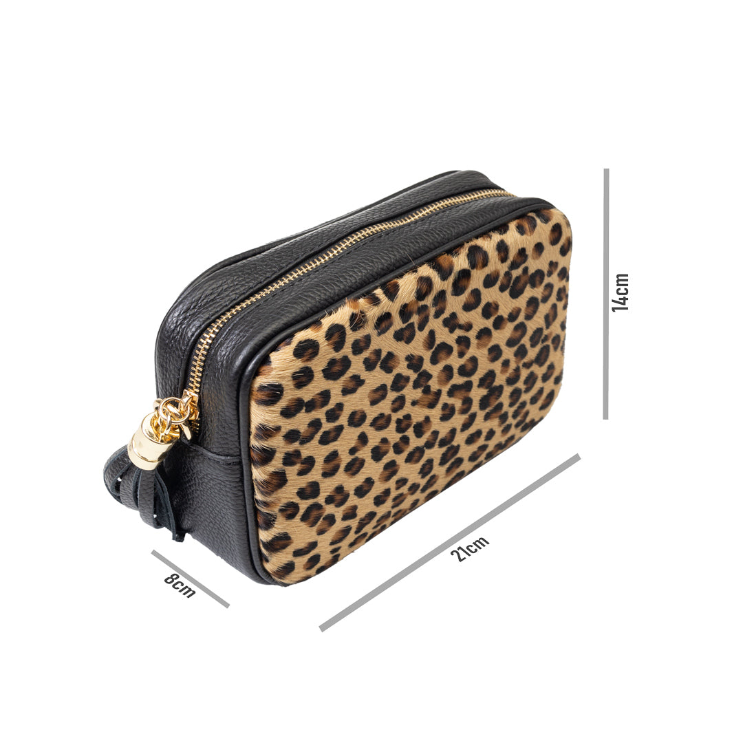 Borsa da donna in vera pelle nera leopardata Adela
