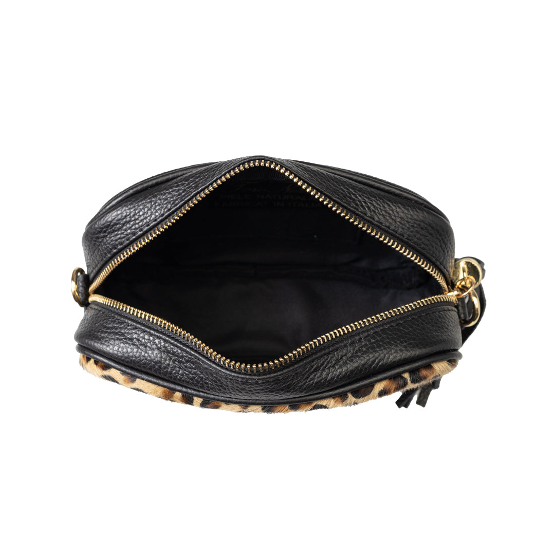 Borsa da donna in vera pelle nera leopardata Adela