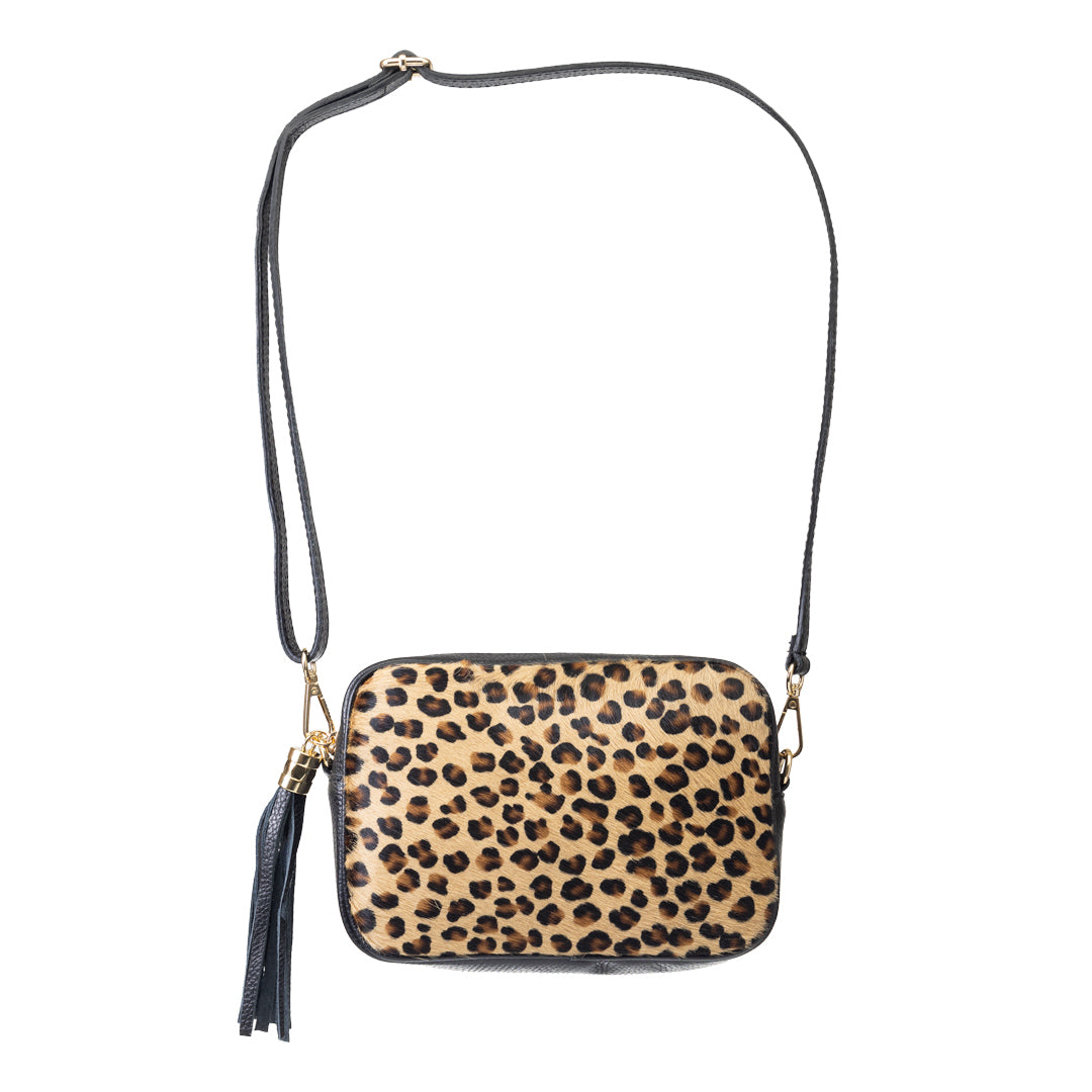 Borsa da donna in vera pelle nera leopardata Adela