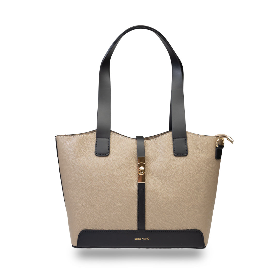 Borsa da donna in vera pelle nero-tortora Sorina