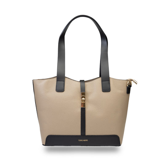Borsa da donna in vera pelle nero-tortora Sorina