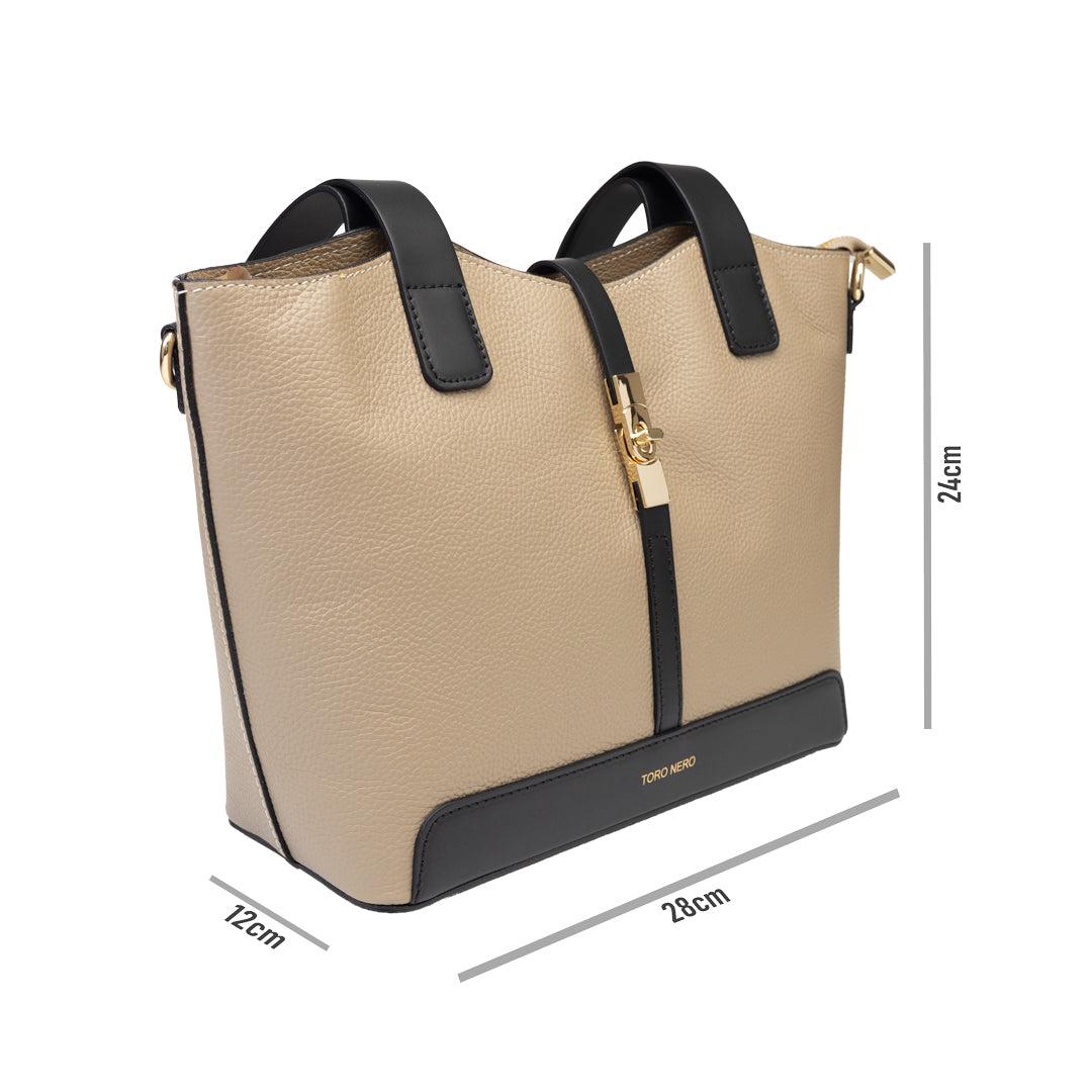 Borsa da donna in vera pelle nero-tortora Sorina