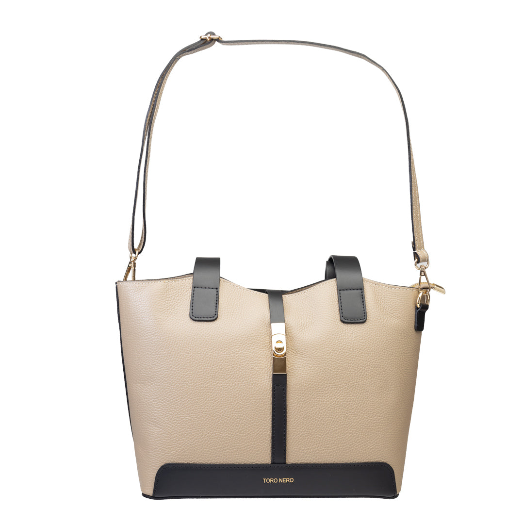 Sac à main pour femme en cuir véritable noir-taupe Sorina