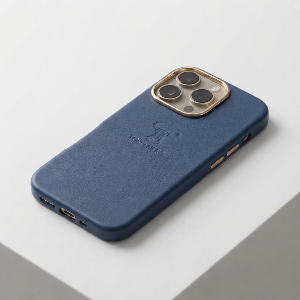 Калъф за телефон от естествена синя кожа за iPhone 17 Pro