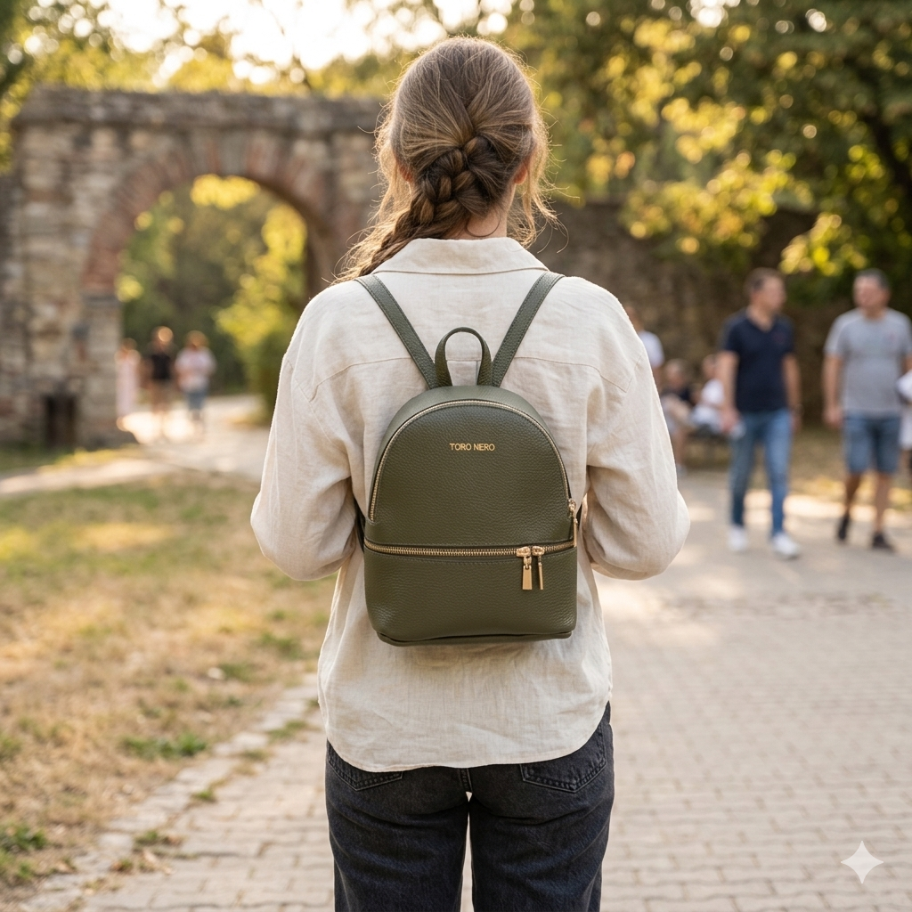 Zaino da donna in vera pelle verde militare Teen Spirit