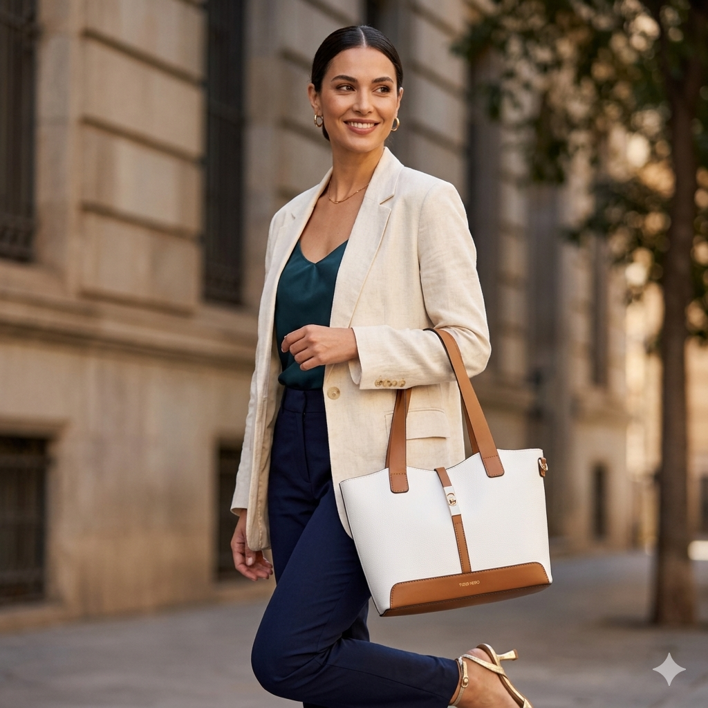 Borsa da donna in vera pelle marrone-bianco Sorina