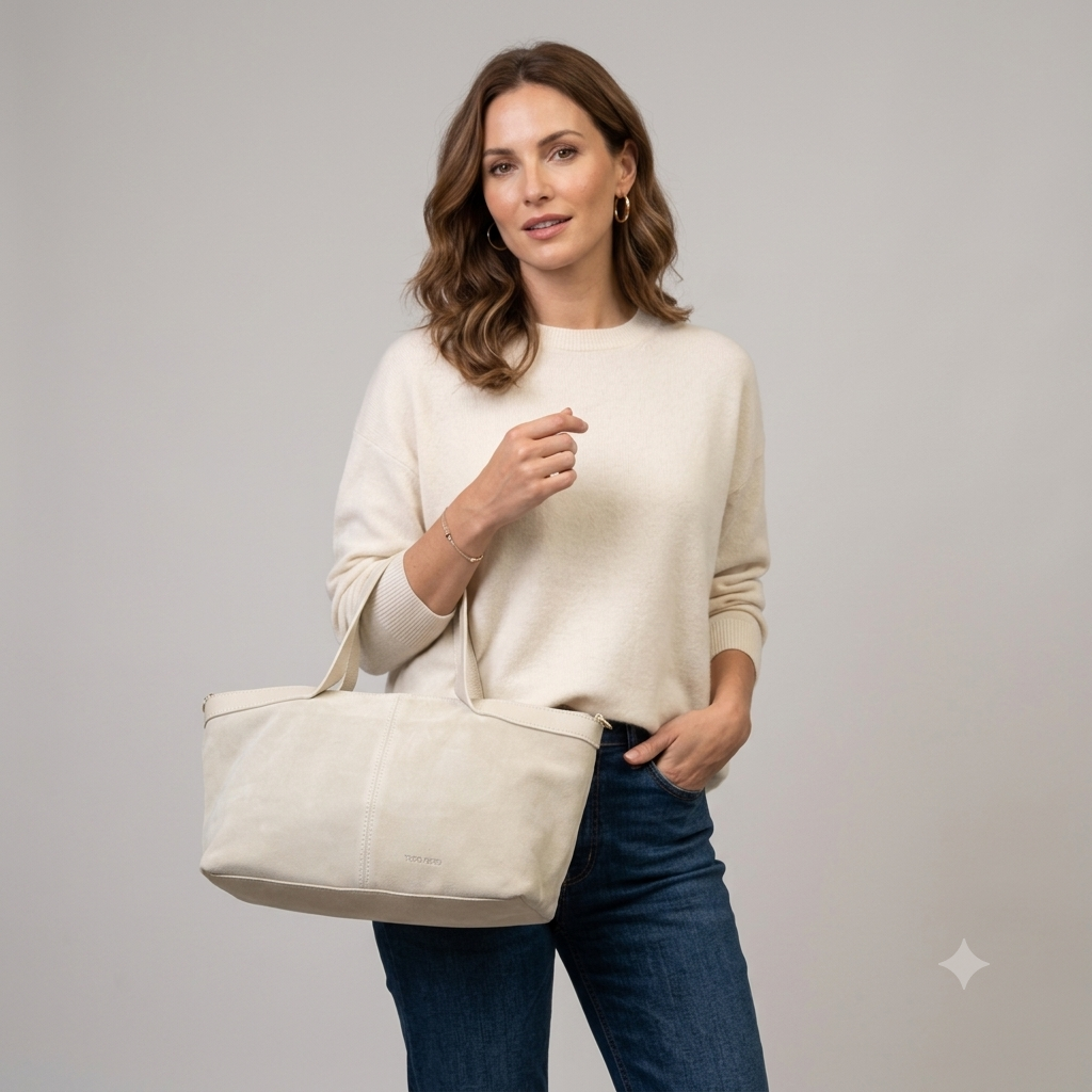 Borsa da donna in pelle scamosciata naturale beige Bianca