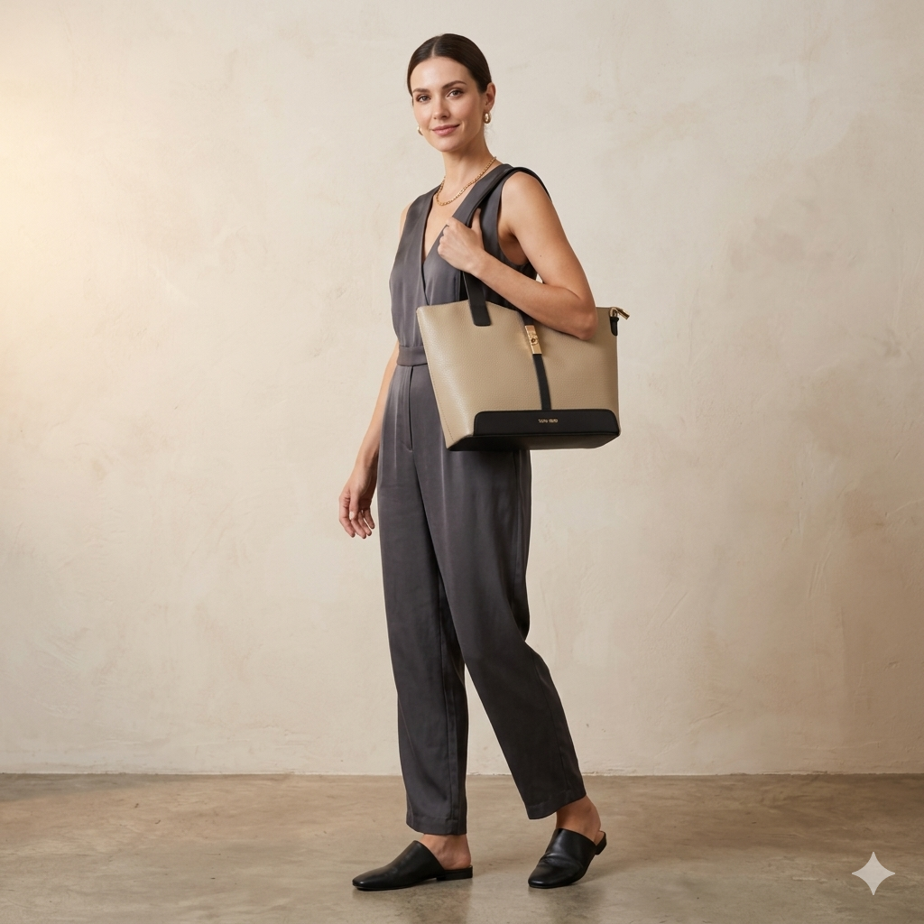 Sac à main pour femme en cuir véritable noir-taupe Sorina