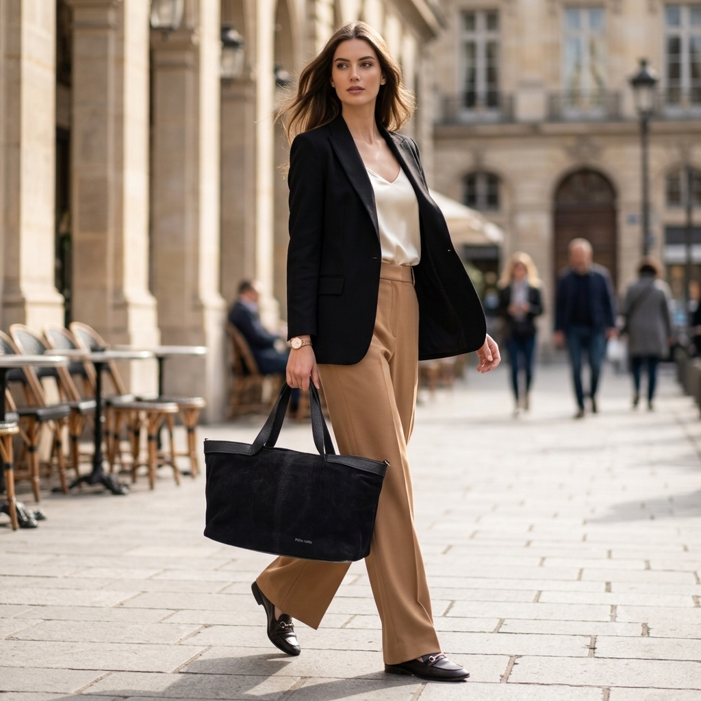 Borsa da donna in pelle scamosciata naturale nera Bianca