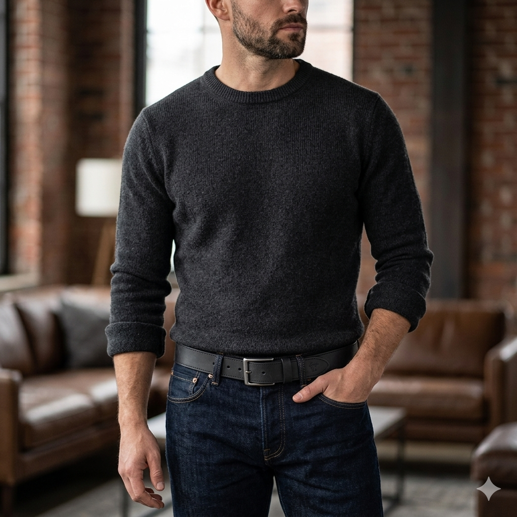 Cintura da uomo in pelle naturale nera Denim