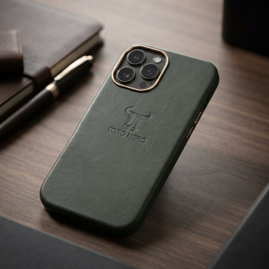Калъф за телефон от естествена кожа в армейско зелено за iPhone 17