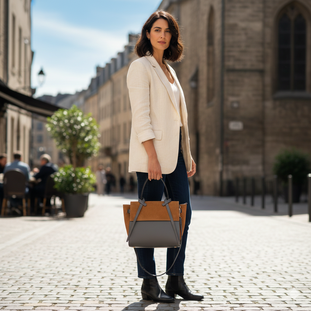 Borsa da donna in vera pelle grigio-marrone Erika