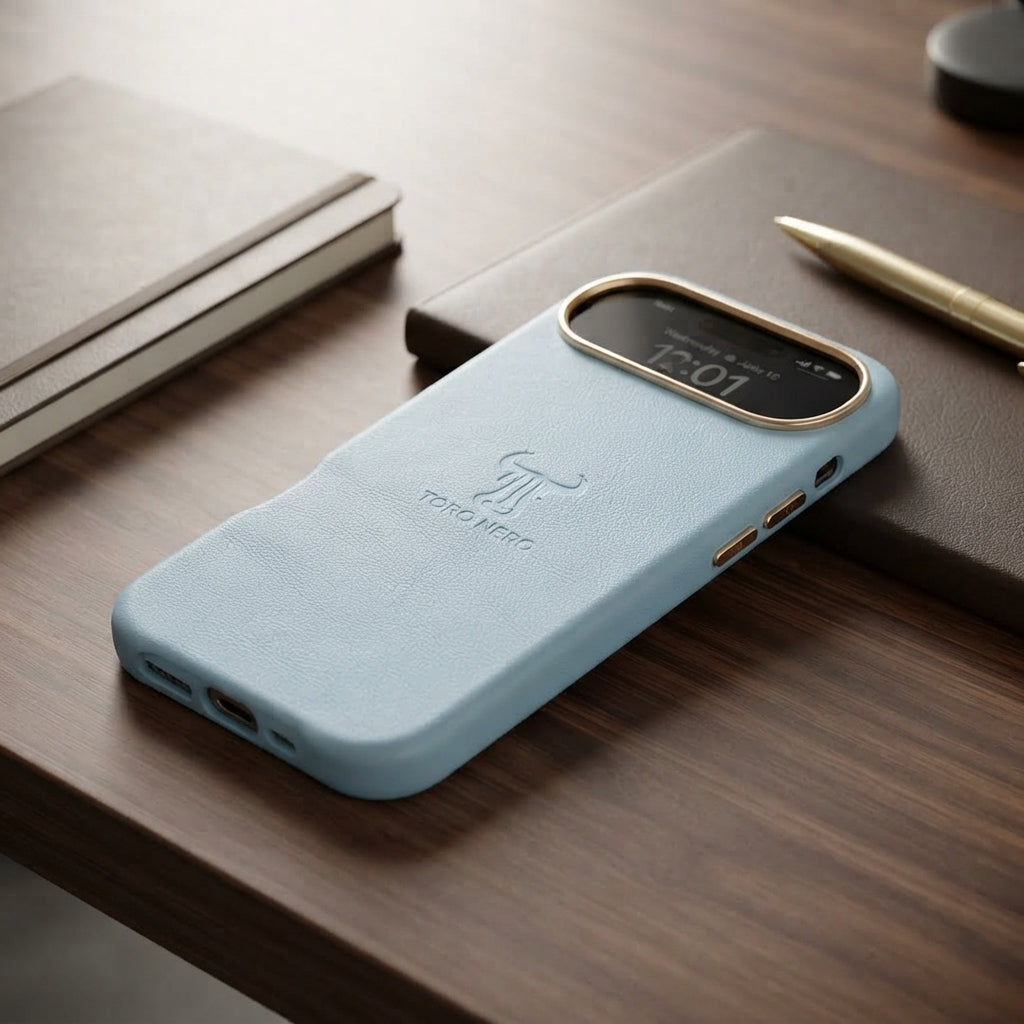 Калъф за телефон от естествена кожа, светлосин, за iPhone Air 17