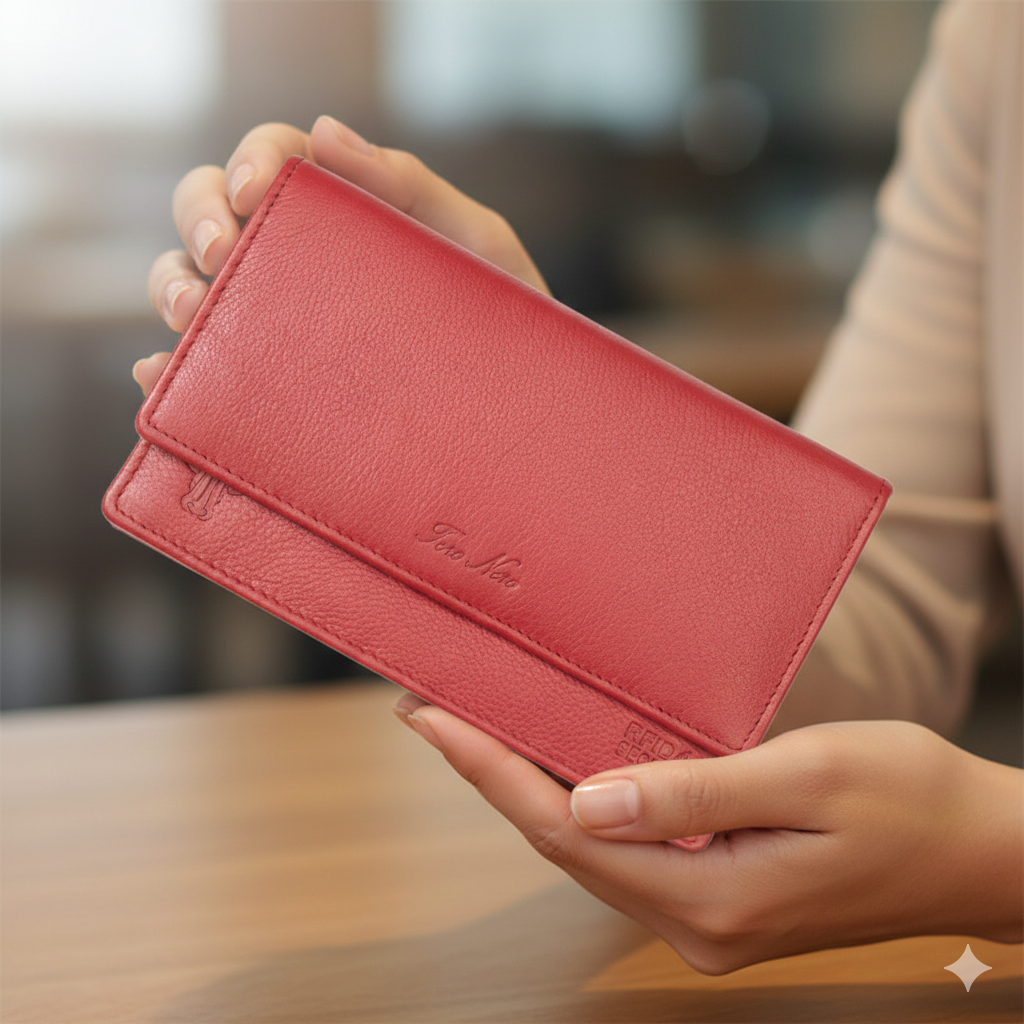 Portefeuille femme en cuir véritable rouge Cloudy, protection RFID