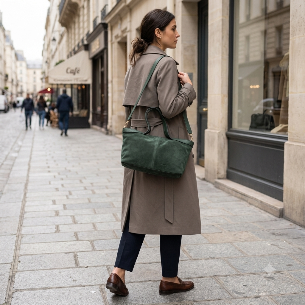 Borsa da donna in pelle scamosciata naturale verde Bianca
