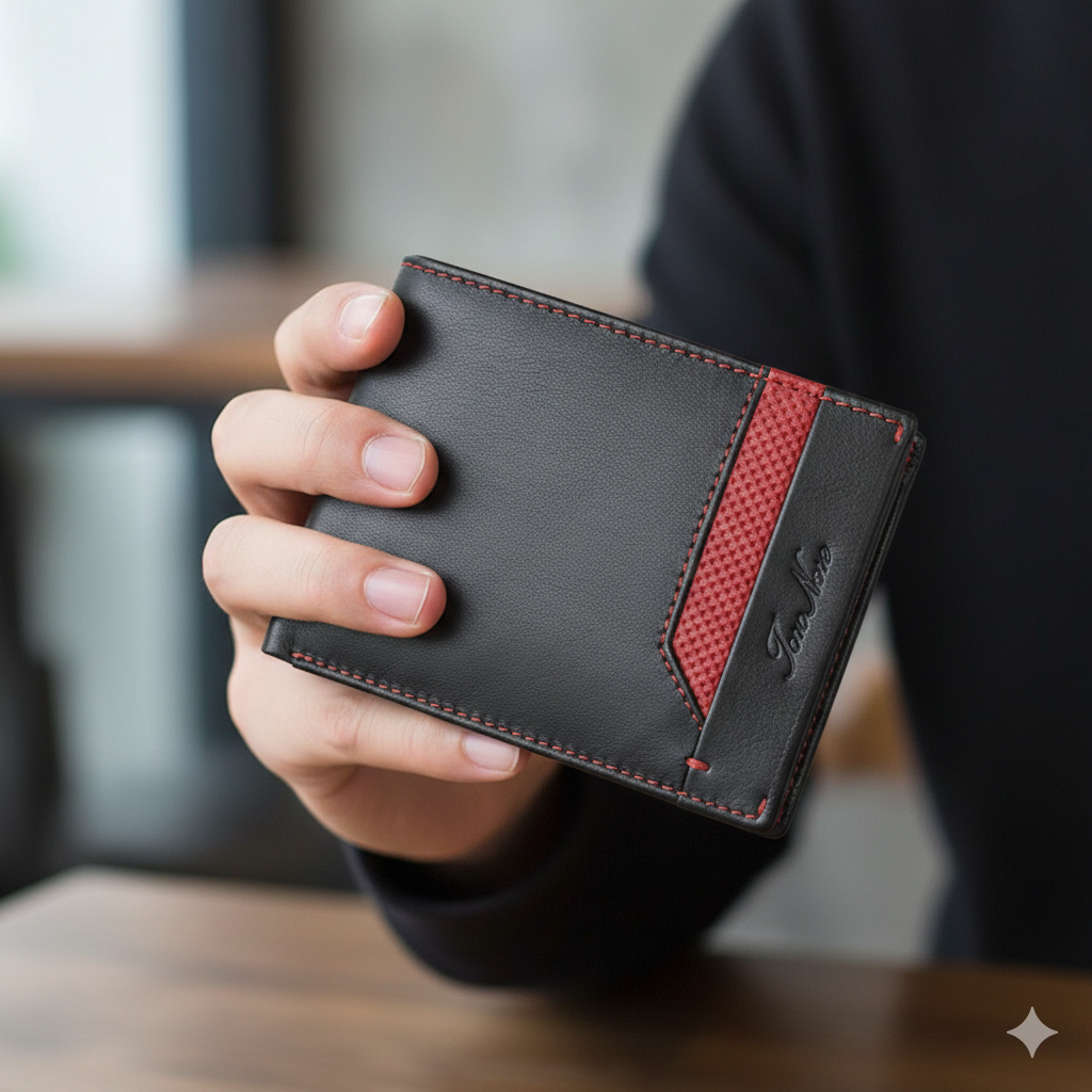 Portafoglio da uomo in vera pelle nero-rosso Vox, protezione RFID