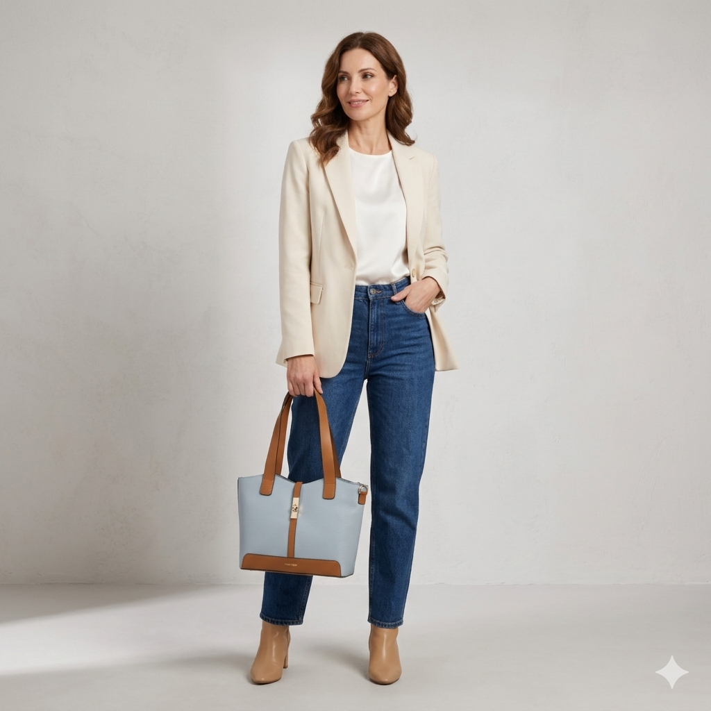 Borsa da donna in vera pelle marrone-azzurro Sorina