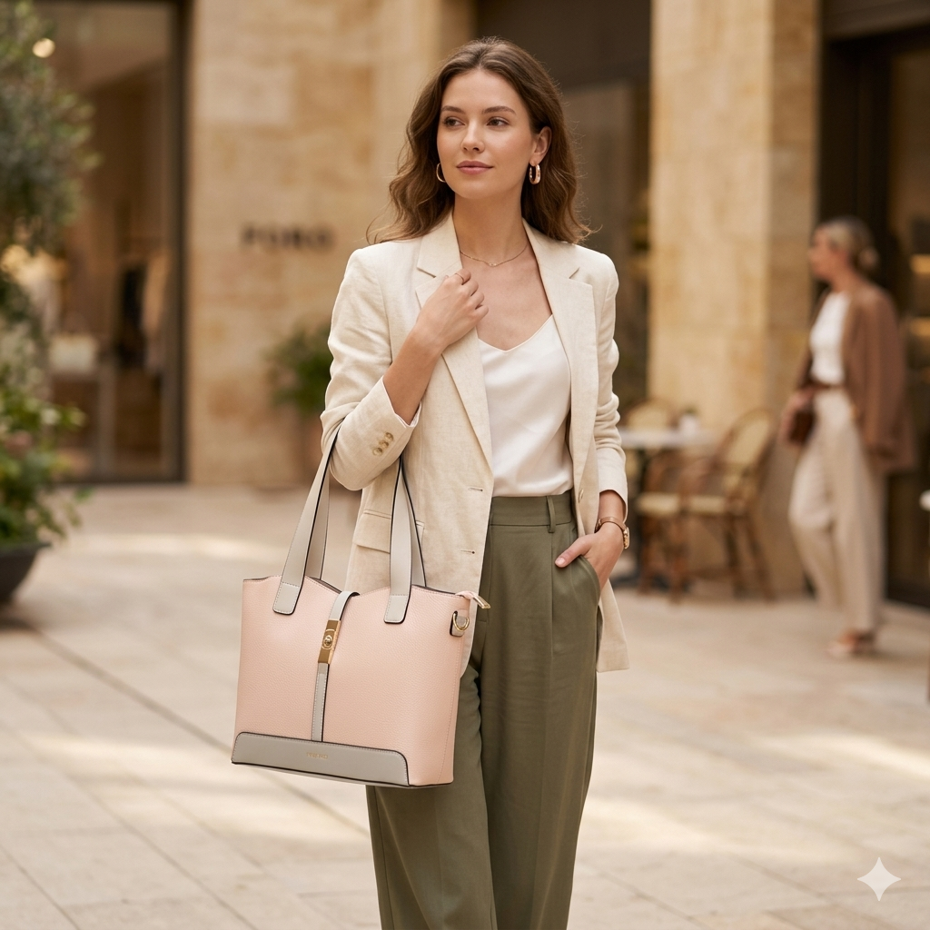 Borsa da donna in vera pelle beige-rosa pallido Sorina
