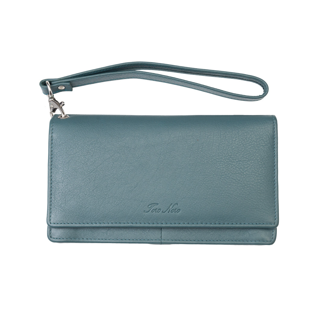 Portafoglio donna in vera pelle verde Chiara, protezione Rfid