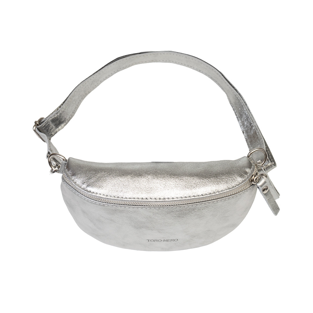Damen-Gürteltasche aus echtem Leder Silber Waist Glam