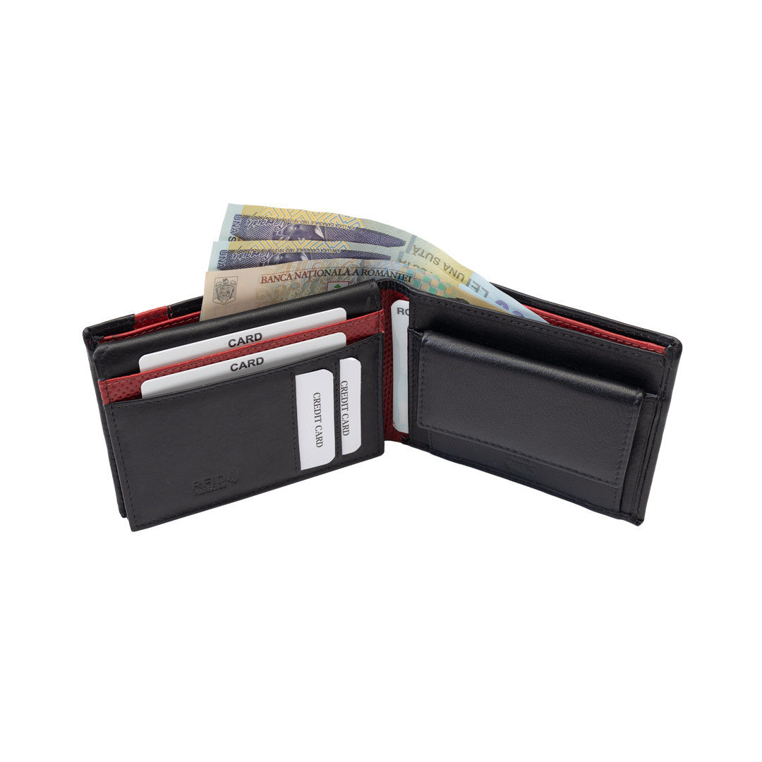 Portafoglio da uomo in vera pelle nero-rosso Vox, protezione RFID